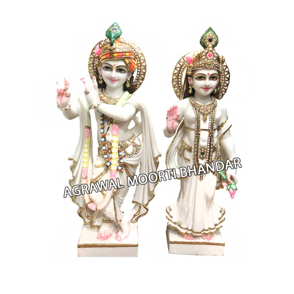 White And Gold Plated Radha Krishna Marble Statues